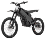 Electric dirt bike with black frame and knobby tires, designed for off-road racing and riding.