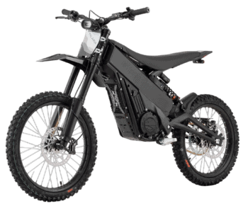 Electric dirt bike with black frame and knobby tires, designed for off-road racing and riding.
