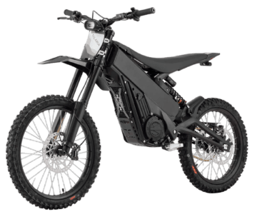 Electric dirt bike with black frame and knobby tires, designed for off-road racing and riding.