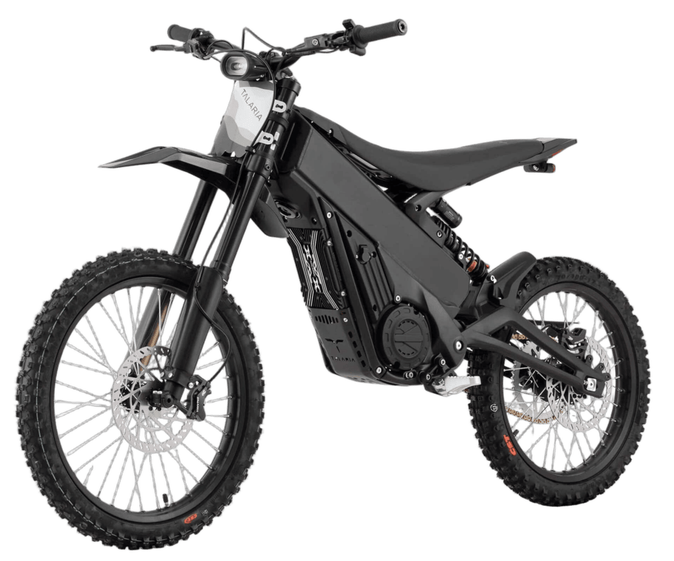 Electric dirt bike with black frame and knobby tires, designed for off-road racing and riding.