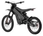 Electric dirt bike with black frame and knobby tires, designed for off-road racing and riding.