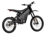 Electric dirt bike with black frame and off-road tires, designed for motocross and trail riding.