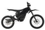 Electric dirt bike with black frame and knobby tires, designed for off-road racing and adventure riding.
