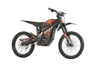 Electric dirt bike from Grand Prix Racewear with black and orange design, suitable for off-road riding and motocross enthusiasts.