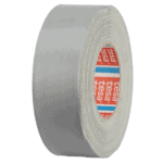 Close-up of a roll of grey racing tape used for motorsport safety and vehicle modifications.