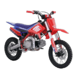 RFN Thunder 110 Pro Kids Pit Bike in red and blue with off-road tyres and suspension, ideal for young motocross enthusiasts.
