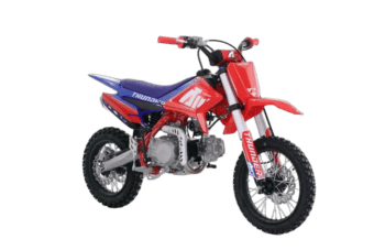 RFN Thunder 110 Pro Kids Pit Bike in red and blue with off-road tyres and suspension, ideal for young motocross enthusiasts.