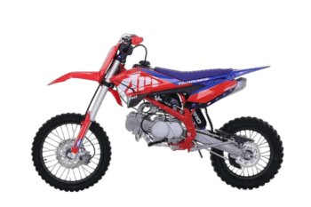 RFN Thunder 140 Pro Kids Pit Bike in red, blue, and white with durable tyres and lightweight frame for young riders.