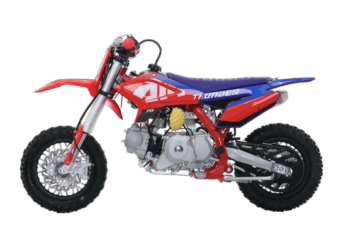 Red and blue RFN Thunder 70 Pro Pit Bike with off-road tyres and lightweight frame for young riders.