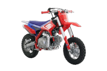 Red and blue motocross bike with Thump logo, suitable for off-road racing and dirt tracks.