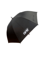 Black GPR race umbrella with white logo, designed for motorsport events and outdoor use.