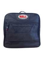Bell Helmets branded black gear bag for racewear and accessories, featuring multiple compartments and a sturdy handle.