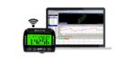 Electronic racing telemetry device connected to a laptop displaying data analysis for Grand Prix Racewear.