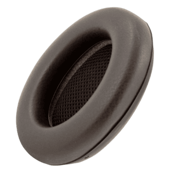 Close-up of a black racing helmet ear cup with mesh ventilation for Grand Prix Racewear.