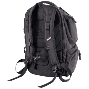 Black racing backpack with multiple compartments and padded straps, ideal for motorsport enthusiasts and racewear storage.