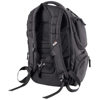 Black racing backpack with multiple compartments and padded straps, ideal for motorsport enthusiasts and racewear storage.