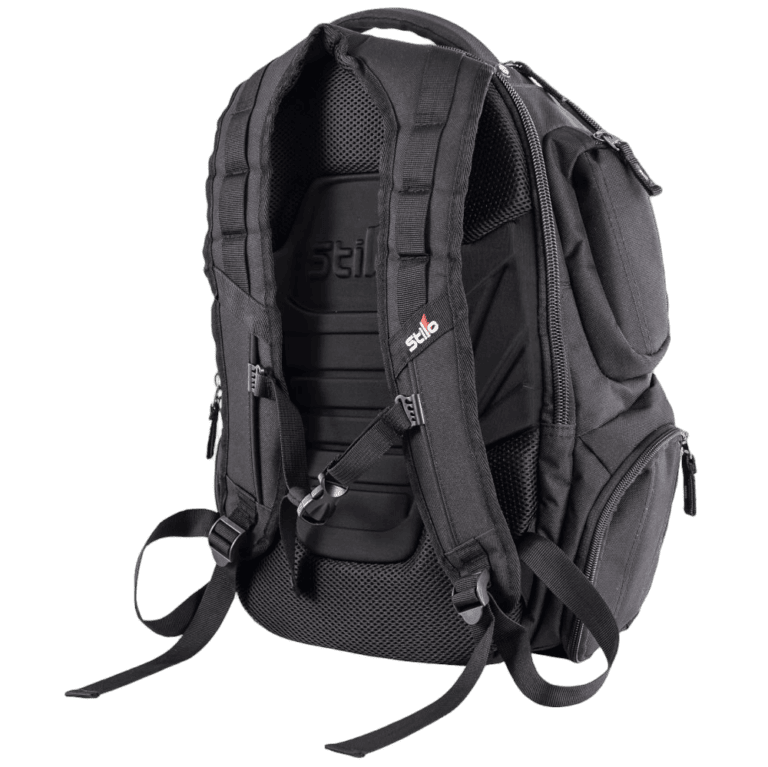 Black racing backpack with multiple compartments and padded straps, ideal for motorsport enthusiasts and racewear storage.