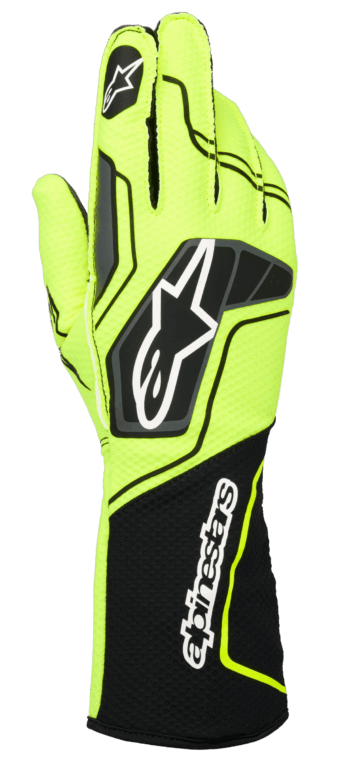 Bright yellow Alpinestars racing glove with black and white accents, designed for motorsport safety and performance.