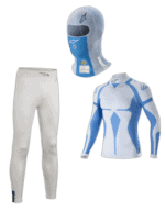 Grand Prix Racewear racing suit, helmet, and racing tights in blue and white for motorsport safety and performance.