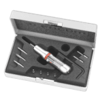 Facom A.MTJ1 Micro-Tech torque screwdriver set with multiple bits in a protective case for precision calibration.