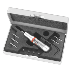 Facom A.MTJ1 Micro-Tech torque screwdriver set with multiple bits in a protective case for precision calibration.