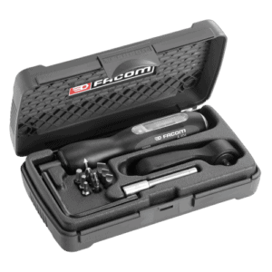 Facom A.J2 torque screwdriver set in a black case with accessories, ideal for precision tightening tasks.