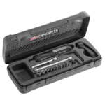 Facom torque screwdriver set with 1/4 sockets in a black plastic case, ideal for precision automotive and racewear applications.