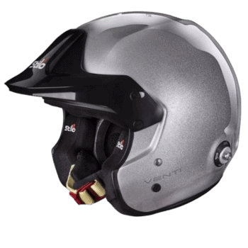 Silver and black racing helmet with visor and ventilation, designed for motorsport safety and performance.