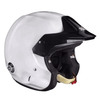 White and black Grand Prix racing helmet with visor and chin guard, designed for motorsport safety and performance.