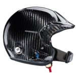 Carbon fibre racing helmet with aerodynamic design and secure strap, ideal for motorsport safety and performance.