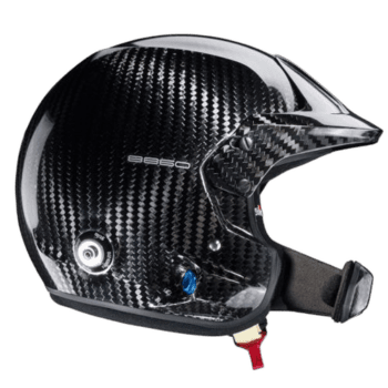 Carbon fibre racing helmet with aerodynamic design and secure strap, ideal for motorsport safety and performance.