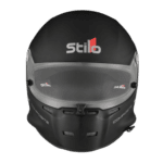 Stilo racing helmet with black and grey design, featuring the Stilo logo and a clear visor, designed for motorsport safety and performance.