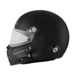 Black racing helmet with a clear visor, designed for motorsport safety and performance, featuring aerodynamic shape and advanced materials.