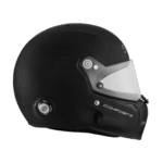 Black full-face racing helmet with clear visor, designed for motorsport safety and performance.