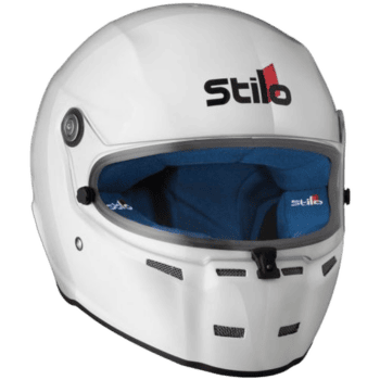 Stilo racing helmet with white exterior and blue interior padding, designed for motorsport safety and performance.