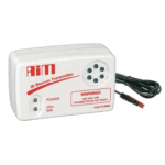 A white AIM IR Beacon Transmitter used in motorsport for race timing and safety, with a power indicator and warning label.
