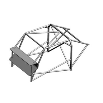 Race car roll cage frame made of lightweight metal tubing for motorsport safety and chassis reinforcement.