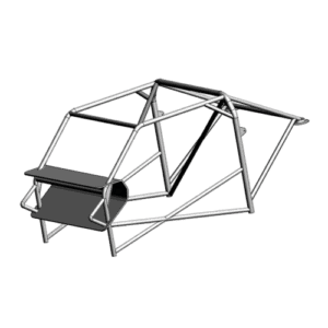 Mitsubishi Evo X race car roll cage made from 25CrMo4 steel, homologated for MSA events, designed for high-performance motorsport safety.