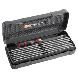 Facom multi-blade screwdriver set in a black plastic case with red and black handle tools, ideal for professional use.