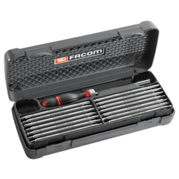 Facom multi-blade screwdriver set in a black plastic case with red and black handle tools, ideal for professional use.