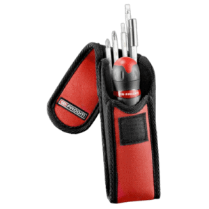 Facom PROTWIST 3-in-1 screwdriver set with red and black handle in a compact carrying case.
