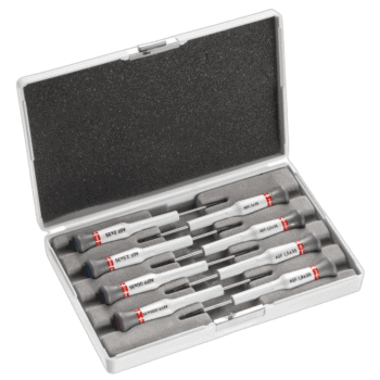 Facom Micro-Tech 8-piece replaceable blade screwdriver set with Phillips heads in a protective case.