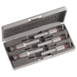 Set of five Facom Micro-Tech precision screwdrivers with slotted and Phillips heads in a protective case.