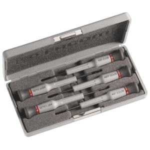 Set of five Facom Micro-Tech precision screwdrivers with slotted and Phillips heads in a protective case.