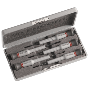 Set of five Facom Micro-Tech precision screwdrivers with slotted and Phillips heads in a protective case.