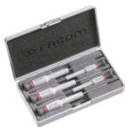 Facom Micro-Tech 5-piece screwdriver set with slotted heads in a compact case for precision work.
