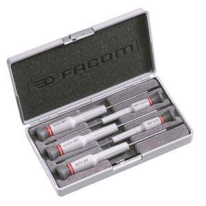 Facom Micro-Tech 5-piece screwdriver set with slotted heads in a compact case for precision work.
