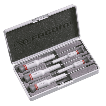 Facom Micro-Tech 5-piece screwdriver set with slotted heads in a compact case for precision work.