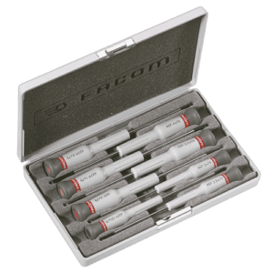 Facom Micro-Tech 8-piece screwdriver set with slotted and Phillips heads in a compact case.
