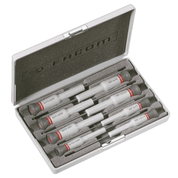 Facom Micro-Tech 8-piece screwdriver set with slotted and Phillips heads in a compact case.